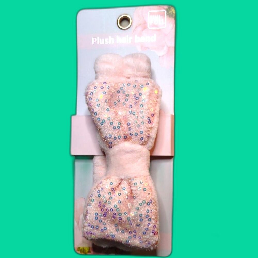 New Uni Full Pink Plush Spa Headband Sequin Bow Skincare Face Wash Hair Band